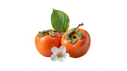 A pair of vibrant persimmon fruits with a green leaf and white flower against a transparent background