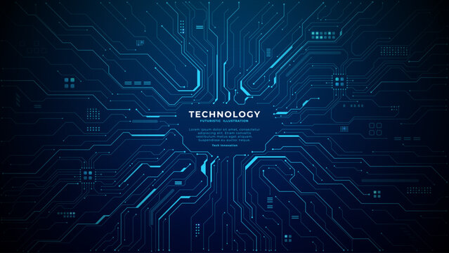 Circuit board background with glowing blue tech patterns and digital chip elements on dark surface, perfect space for text overlay. Digital technology vector background. 
