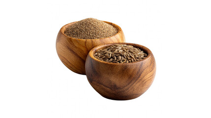 Wooden bowls filled with whole cumin seeds and ground cumin powder on a transparent background.