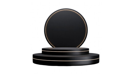 Elegant minimalist black circular podium display stage with glowing gold lines for product presentation