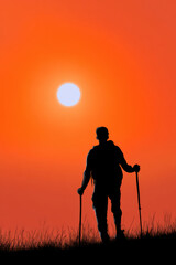 Hiker silhouette trekking pole sunset sky orange background outdoor adventure grass field backpack solitude horizon summer evening hiker silhouette with trekking pole orange sunset sky grass field