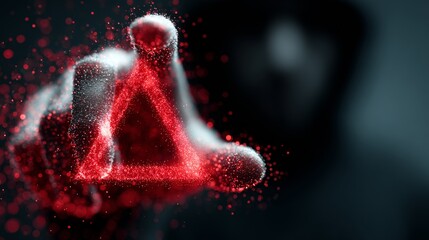 Dynamic red particle triangle emerges from abstract digital hand, symbolizing innovation and future technology concepts.