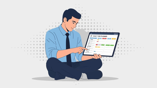 Man using tablet for daily task management with calendar and checklist
