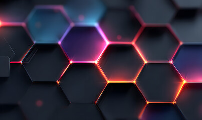 Dark hexagon abstract technology background with blue and pink colored bright flashes under hexagon. Hexagonal gaming abstract tech background. High quality illustration