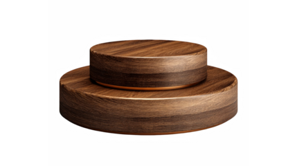 A two-tier dark brown wood grain display podium for product showcase against a black backdrop
