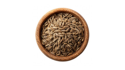 A wooden bowl filled with whole cumin seeds isolated on a stark black background
