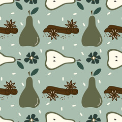 cute hand drawn pears with cinnamon stick seamless vector pattern illustration with green flowers and leaves on mint green background