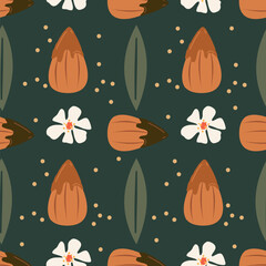 cute hand drawn almond with caramel and chocolate seamless vector pattern illustration with white flowers and leaves on green background