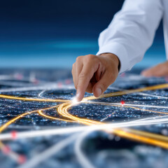 Naklejka premium Smart city network digital map traffic control hand point technology data surveillance road futuristic urban planning on large illuminated display in modern control room