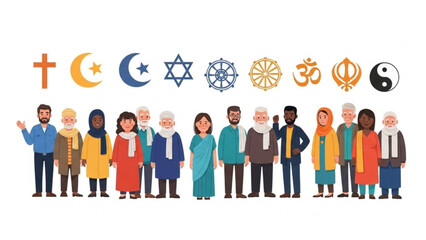 Diverse group of people from different cultures and religions standing together in unity and harmony