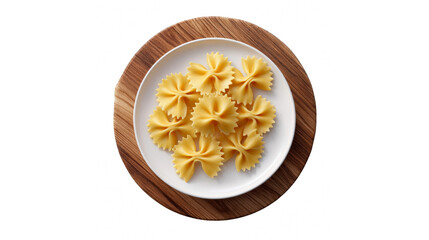 Uncooked farfalle bow-tie pasta on a white plate, ready for preparation