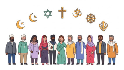 Diverse group of people from different cultures and religions standing together in unity and harmony