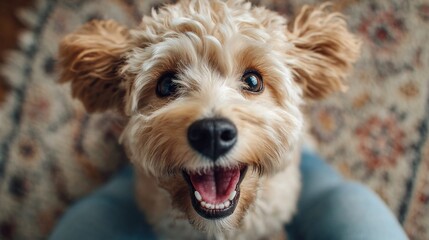 Happy dog with a big smile looking up at the camera, close-up portrait