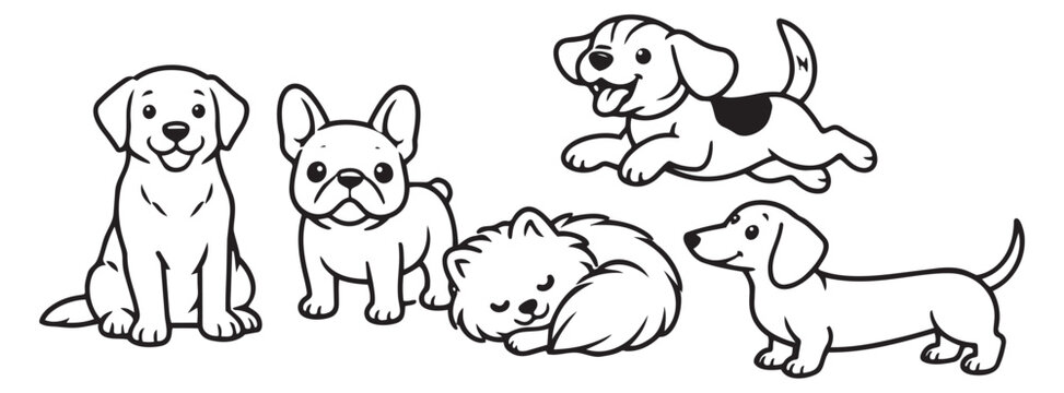 Cute hand drawn line art puppy and dog set featuring labrador, french bulldog, dachshund, and pomeranian puppies for pet care and children's designs