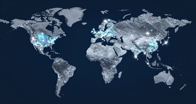 Global connectivity and urbanization concept with illuminated city lights on a world map at night for marketing campaigns, presentations, and corporate branding with copy space for text