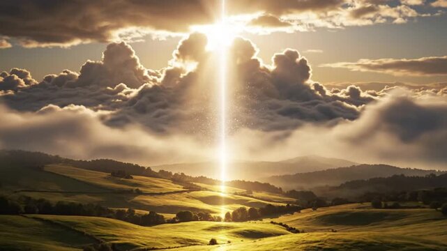 Dramatic sunrise over rolling hills and clouds in rural landscape