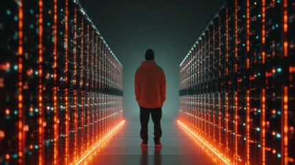 Lone figure stands amidst glowing server racks, symbolizing data, technology, and digital infrastructure, a modern tech frontier.