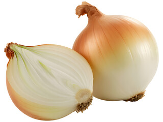 Fresh Whole and Peeled Yellow Onions with Green Tops, Detailed Textures and Layers Visible on transparent background