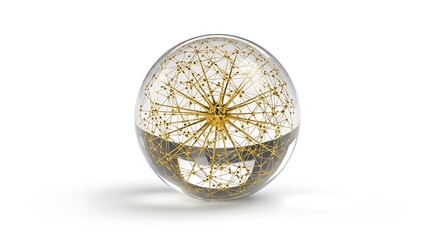 Clear glass sphere containing a complex golden network structure with small nodes and connecting lines