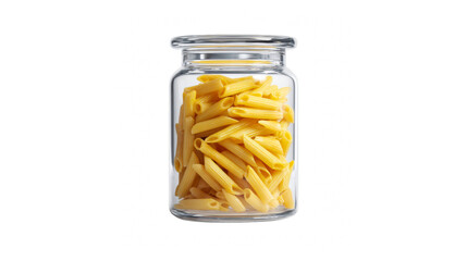 Uncooked penne pasta neatly stored in a clear glass container, isolated on black