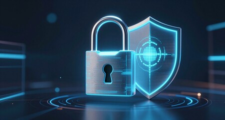 Glowing Digital Padlock And Shield In Abstract Cyberspace