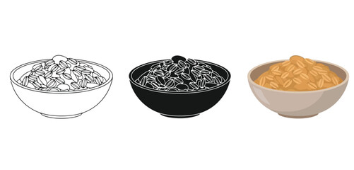 Bowls of Rice Varieties Vector Set in Three Styles &mdash; Line Art, Silhouette and Color Version for Islamic Design, App UI, Posters and Branding	