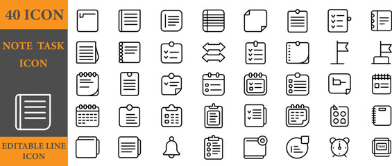 A set of 40 editable line icons for note taking and task management in a simple style