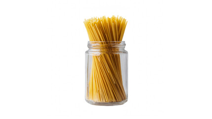 A bunch of raw spaghetti pasta in a clear glass jar against a transparent background