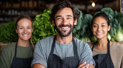 happy organic farmers smiling in their local produce shop