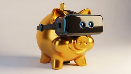 Golden Piggy Bank Wearing VR Headset Technology Concept