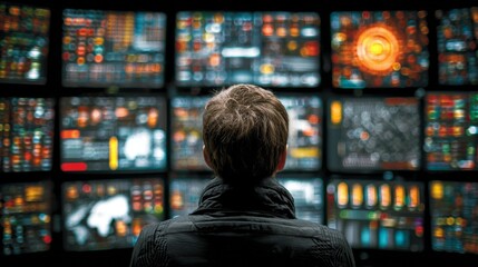 Man intently watches multiple glowing screens displaying complex data, a modern command center scene conveying information overload and strategic oversight.