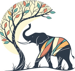 Cartoon vector illustration of a wild elephant animal silhouette standing by a tree in a nature safari forest design