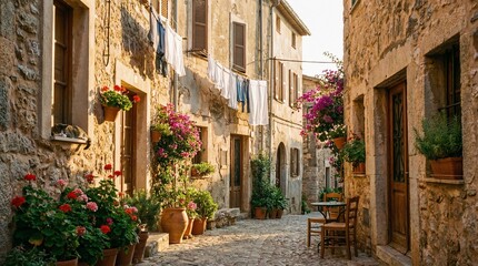 Obraz premium Charming stone alleyway with plants and laundry in warm sunlight 