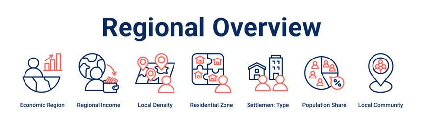 Regional Overview web banner icon vector illustration concept for business with icon of Economic Region, Regional Income, Local Density, Residential Zone, Settlement Type, Population Share.