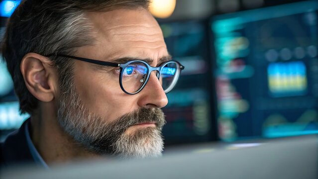 man wearing glasses focused on computer screens in dimly lit room - Powered by Adobe