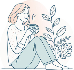 Cartoon illustration of a woman holding a bouquet of flowers in a black silhouette vector art sketch