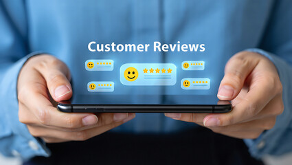 Person holding smartphone displaying customer reviews with star ratings and smiley faces transparent background