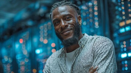 Confident Black Man Smiling in Modern Data Center with Blurry Blue Lights Creating an Innovative Atmosphere