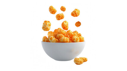 Delicious bright orange cheese puffs falling into a white bowl on a transparent background
