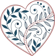 Heart shaped floral ornament with decorative flowers leaves and elegant swirl elements illustration