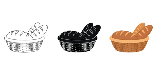 Bread Baskets Vector Set in Three Styles &mdash; Line Art, Silhouette and Color Version for Islamic Design, App UI, Posters and Branding	