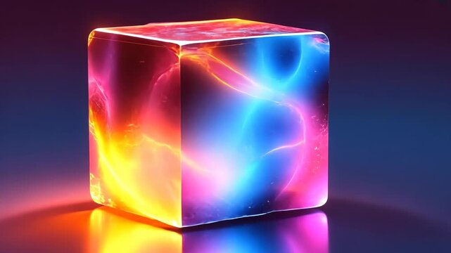A glowing cube with swirling energy inside, showcased on a dark background.