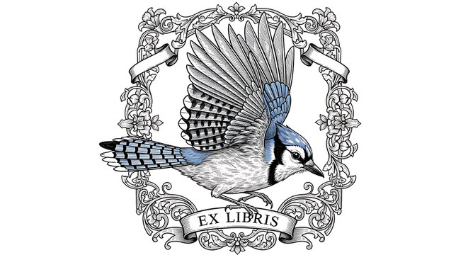 Elegant Vintage Engraving of a Blue Jay Bird in Flight within an Ornate Floral Frame with "Ex Libris" Text