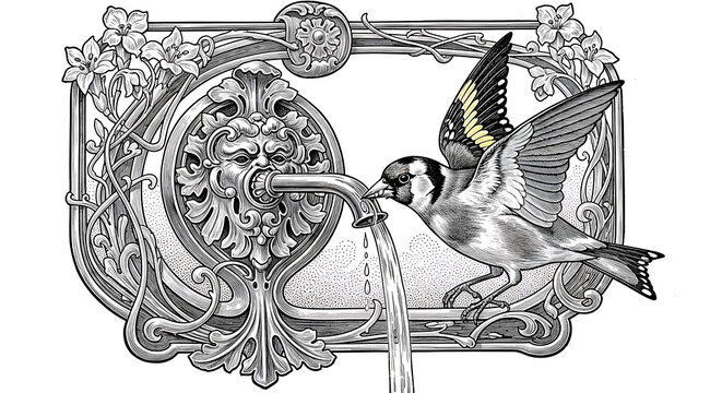 Detailed Engraving of a European Goldfinch Drinking from an Ornate Art Nouveau Fountain Spout