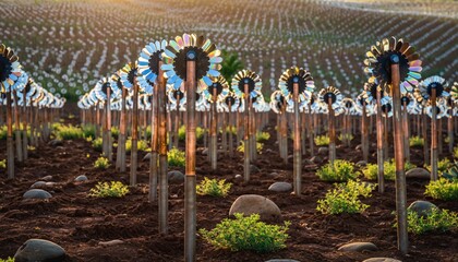 Surreal metallic sunflower field reflecting a unique, alien landscape at sunset, creating an otherworldly atmosphere