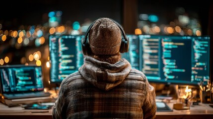 Immersive programmer wearing headphones deeply focused on multiple glowing code screens in a dark, modern workspace with city lights bokeh