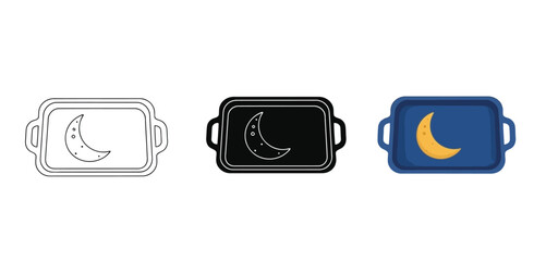 Casserole Dishes with Crescent Moon Vector Set in Three Styles &mdash; Line Art, Silhouette and Color Version for Islamic Design, App UI, Posters and Branding	