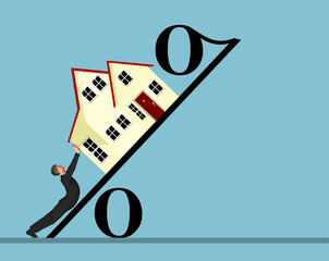 A man fights the problem of high mortgage rates in this 3-d illlustration.