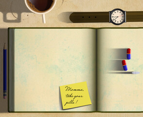 An elderly woman's desk includes a note from her daughter reminding her to take medicine. Pills are on the open art journal in a 3-d illustration with copy space.