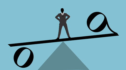 A man stands balanced on a percentage symbol as he decides his next financial move.